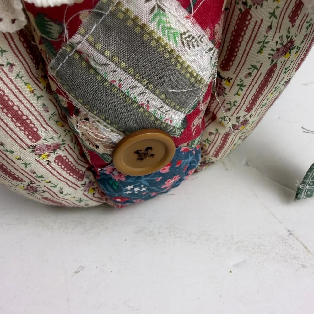 Handmade Quilted Patchwork Fabric Basket Floral Lace Button Country Cottage Red